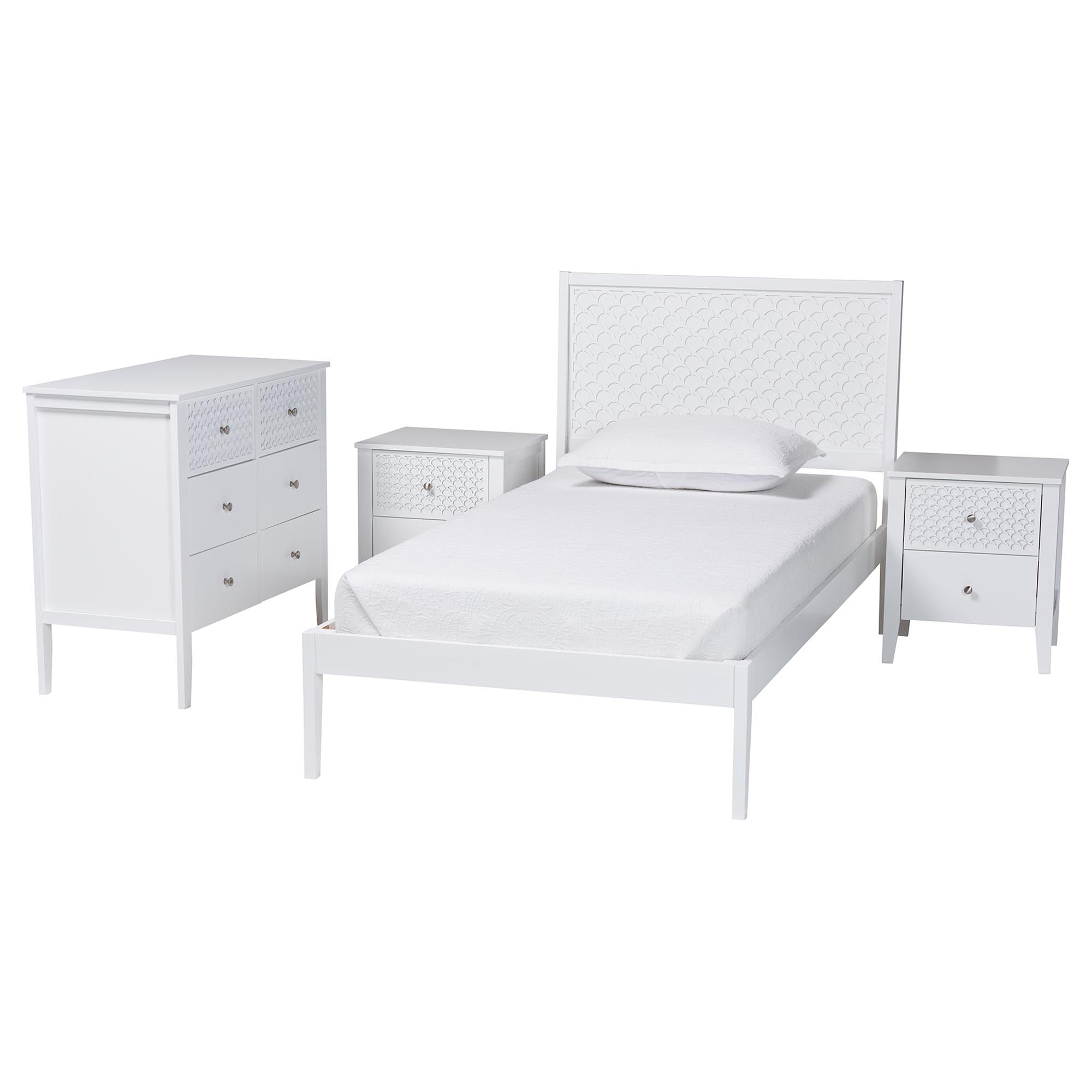 Baxton Studio Lara Twin 4-Piece Bedroom Set - Modern Wood Bed Frame with Matching Nightstands and Dresser, Decorative Laser-Cut Overlay, White